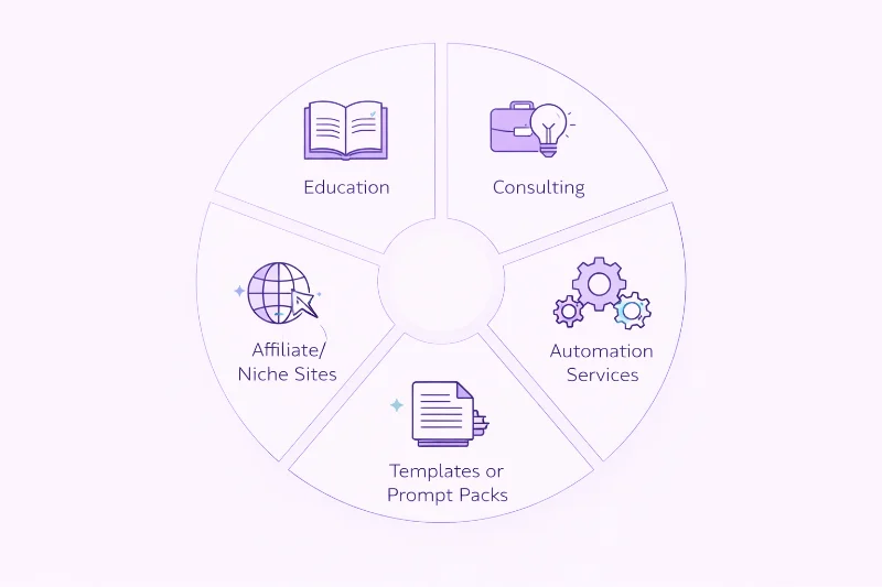 ircular infographic showing five AI income models including education, consulting, automation services, affiliate niche sites, and templates or prompt packs.