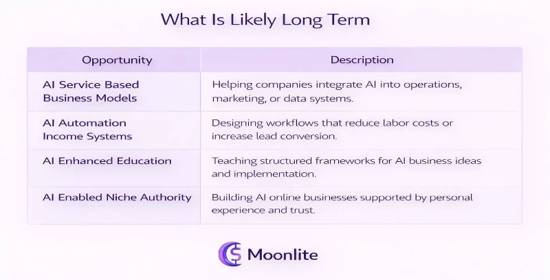 Infographic table showing long term AI business opportunities including AI service models, automation systems, education and niche authority.
