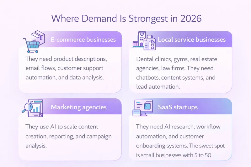 Infographic titled “Where Demand Is Strongest in 2026” highlighting AI opportunities in e-commerce businesses, local service businesses, marketing agencies and SaaS startups.