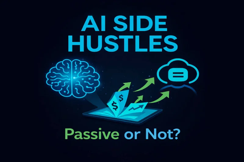 AI side hustles passive or not infographic showing AI brain, cloud automation, and digital income growth concept