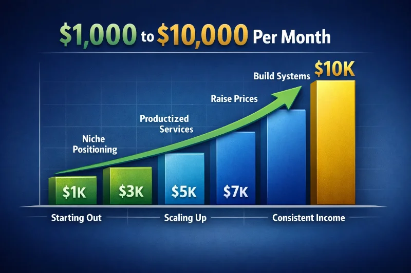 AI freelancing income growth chart showing how beginners scale from $1,000 to $10,000 per month through niche positioning, productized services, raising prices, and building systems.