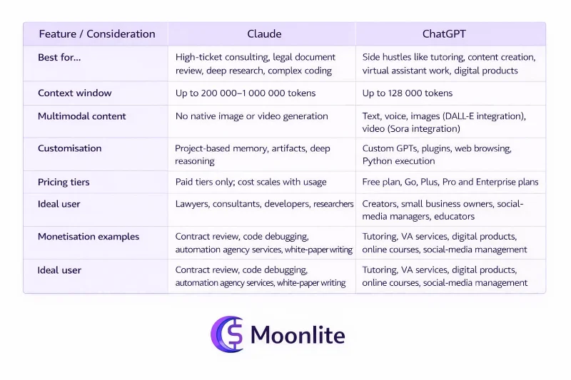 Claude vs ChatGPT comparison table showing features, pricing, context window, customization, and monetization opportunities.