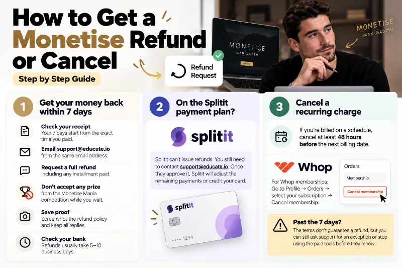 Monetise refund and cancel guide: 7-day refund, Splitit payment plan, and Whop membership cancellation steps