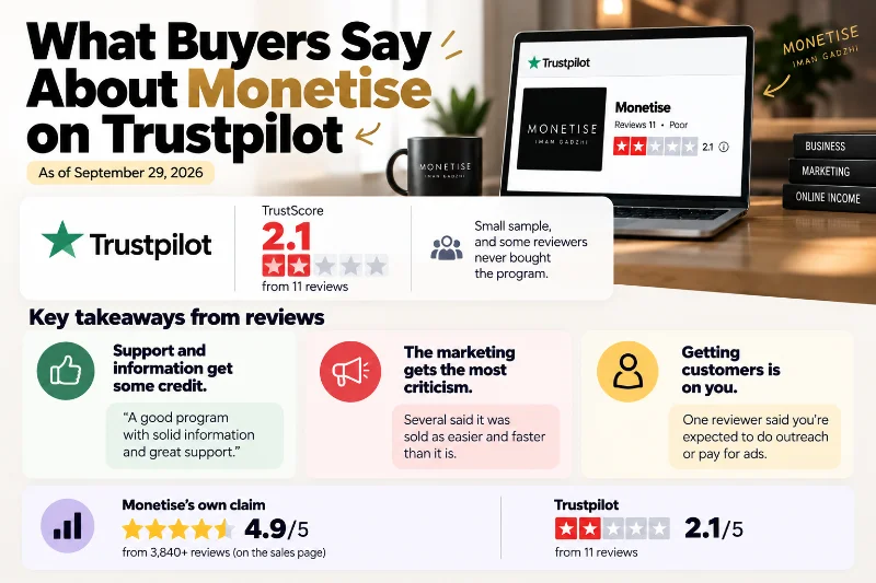 Monetise Trustpilot reviews: 2.1 TrustScore from 11 reviews vs 4.9/5 claimed on the sales page